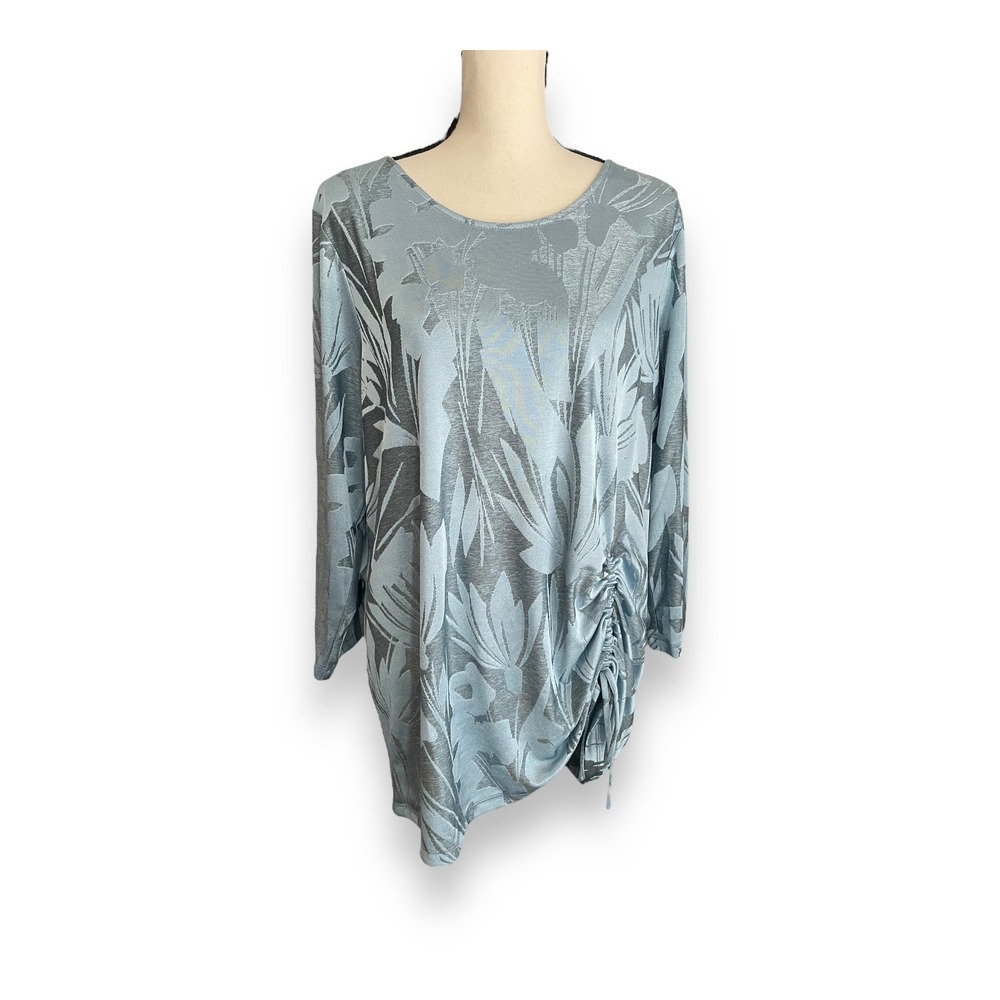 Susan Graver Light Blue Floral Jacquard Ruched Side Tunic Top Women's‎ XL